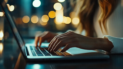 Woman programmer hand type configuration code on at laptop for check software function for fix bug and defect of security system in dark datacenter room for engineering and technology concept.