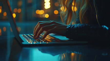 Woman programmer hand type configuration code on at laptop for check software function for fix bug and defect of security system in dark datacenter room for engineering and technology concept.