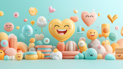 Floating emoji symbols, abstract visual layout, vivid color scheme, 3D illustration