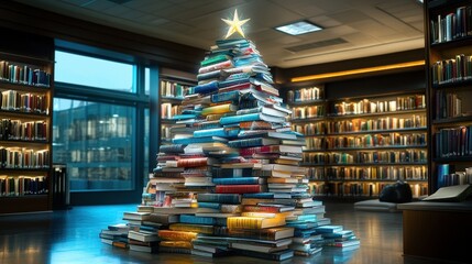 Obraz premium Christmas tree crafted from books, cozy library scene