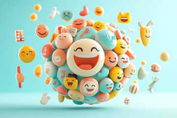 Obraz premium Abstract emoji symbol sphere, diverse visual icons floating in 3D space, 3D illustration