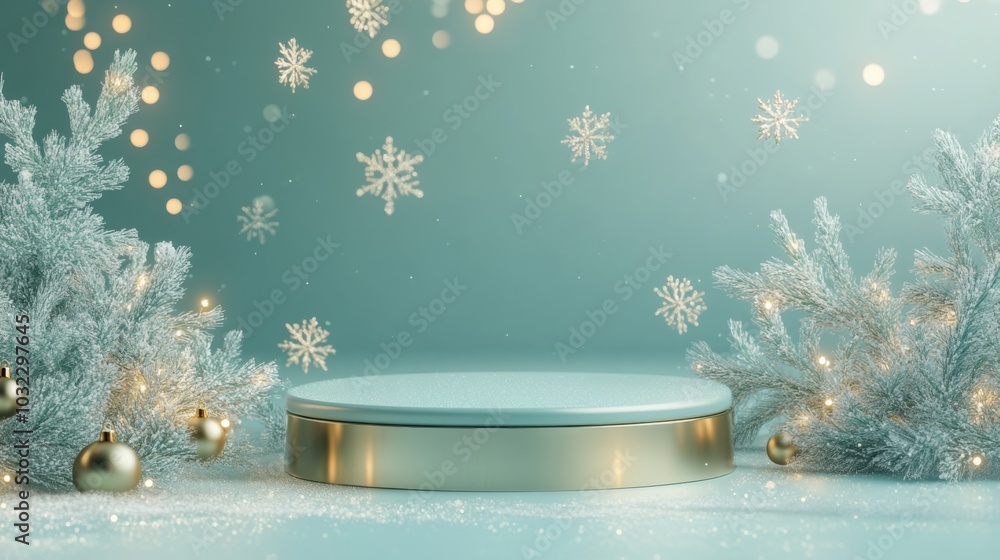 Poster A tranquil winter setting showcases a circular pedestal illuminated by soft lights, adorned with shimmering snowflakes and elegant ornaments. The atmosphere evokes a festive celebration.