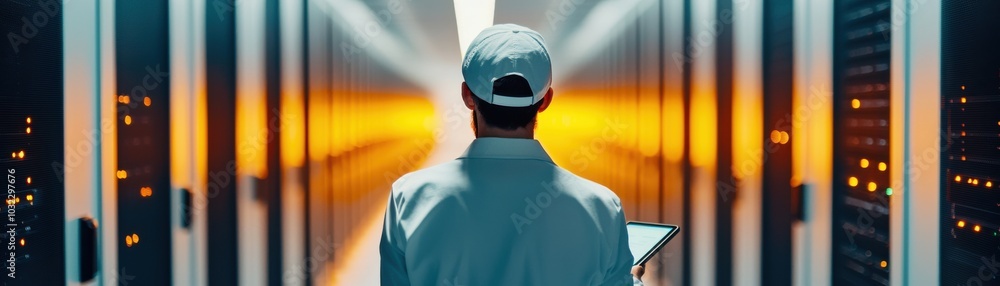 Poster technician monitoring servers in a data center, illuminated by glowing lights.