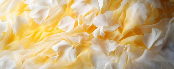 A whimsical depiction of yellow and white flower petals scattered on a soft fabric