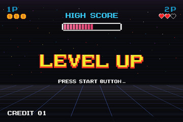 LEVEL UP. press start button. pixel art .8 bit game. retro game. for game assets in vector illustrations.