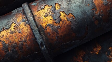 Close-up of an old, corroded pipe with deep rust and flaking metal texture.
