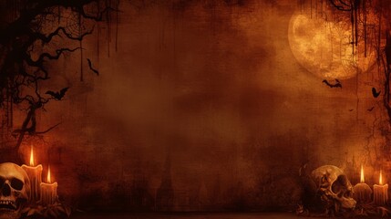A spooky Halloween-themed background featuring skulls, candles, and a full moon.