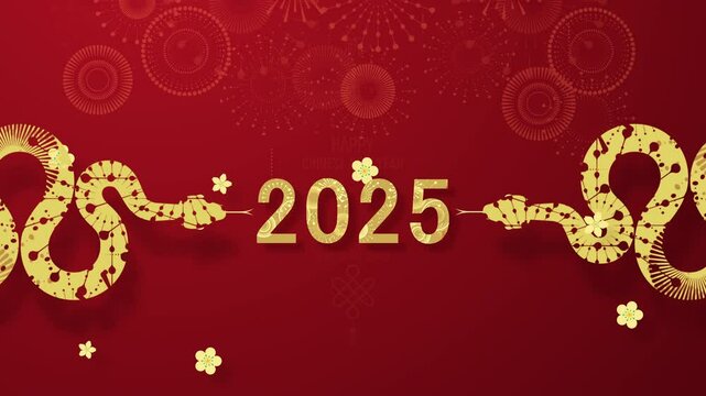 Chinese New Year 2025. Year of the Snake Celebration. Elegant greeting design for Chinese New Year 2025, featuring a golden snake, firework patterns, and festive wishes on a red background.
