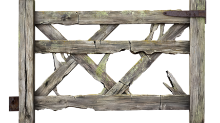 A rustic wooden gate with a weathered texture, featuring a diagonal pattern that suggests age and a connection to the outdoors.
