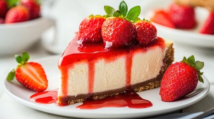 A slice of cheesecake topped with fresh strawberries and strawberry sauce on a white plate.