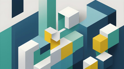 Geometric Cubical Background with green, yellow, turquoise accents, Modern, Minimalist Design on White