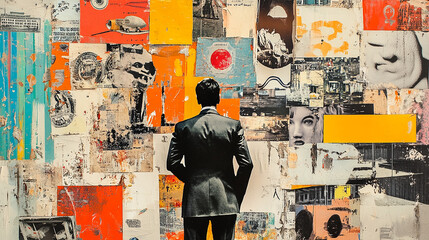 Fototapeta premium Business process. Contemporary art collage made of shots of young men, managers working hardly isolated over grey background, Concept of art, finance, career, co-workers, team. Vector illustration