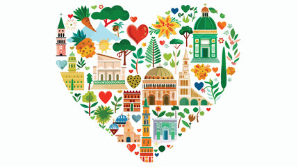 Italian Love - Heart Shape with Vector Icons Flat Vector Illustration