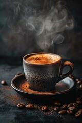 Fototapeta premium Freshly Brewed Coffee with Steam Rising. A cozy, close-up shot of a freshly brewed mug on a dark background. AI generative