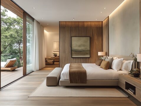 Modern bedroom with large windows, wooden floor, and a view of a patio.