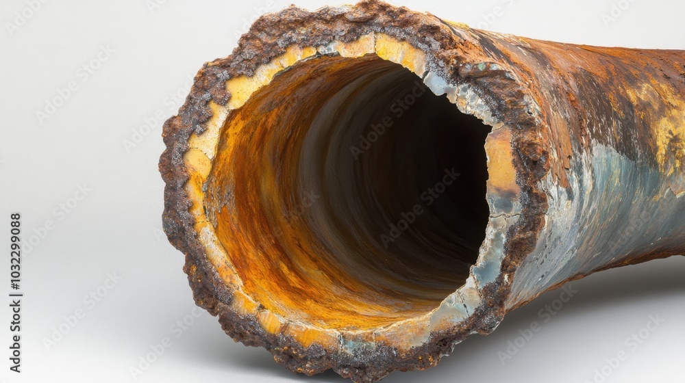 Poster cross-section of a corroded pipe with rust and mineral buildup on the inside surface.