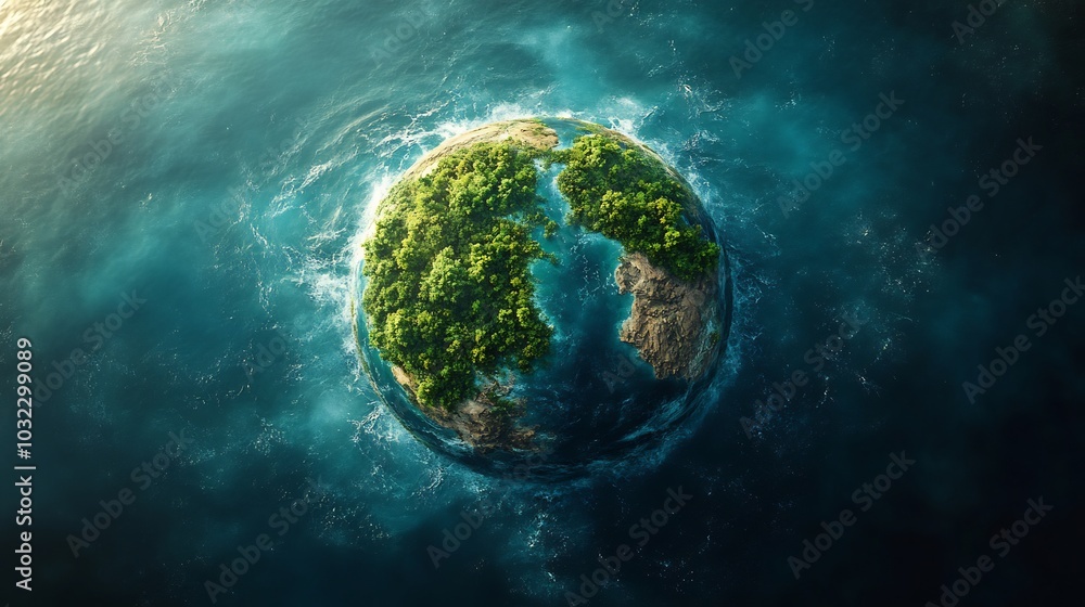 Poster conceptual illustration of spherical earth surrounded by sparkling blue waters emphasizing the theme