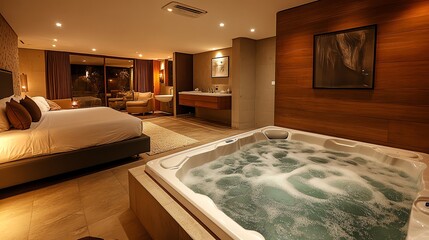 A modern and luxurious hotel room with a king-size bed, a jacuzzi, a large window, and a wooden wall.