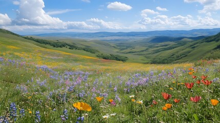 Obraz premium Lush Green Mountainous Countryside Meadow with Blooming Wildflowers in Spring or Summer Scenic Landscape