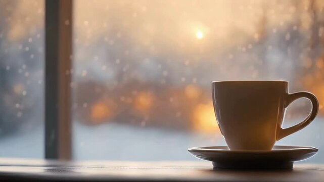 cup of tea in fornt of window, cup of coffee, coffee infront of window in winter, winter season concept