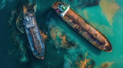 Aerial view of two rusty oil tankers in a harbor.