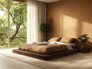 Minimalist bedroom with a platform bed, a large window overlooking a green trees, and soft sunlight streaming in.
