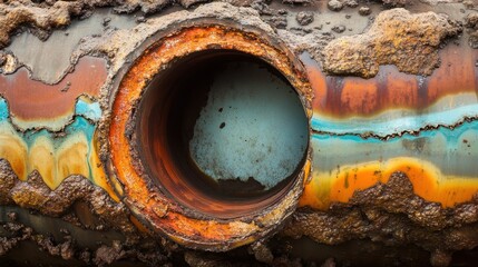 Cross-section of a pipe showing its inner layers, with corrosion and mineral buildup details.