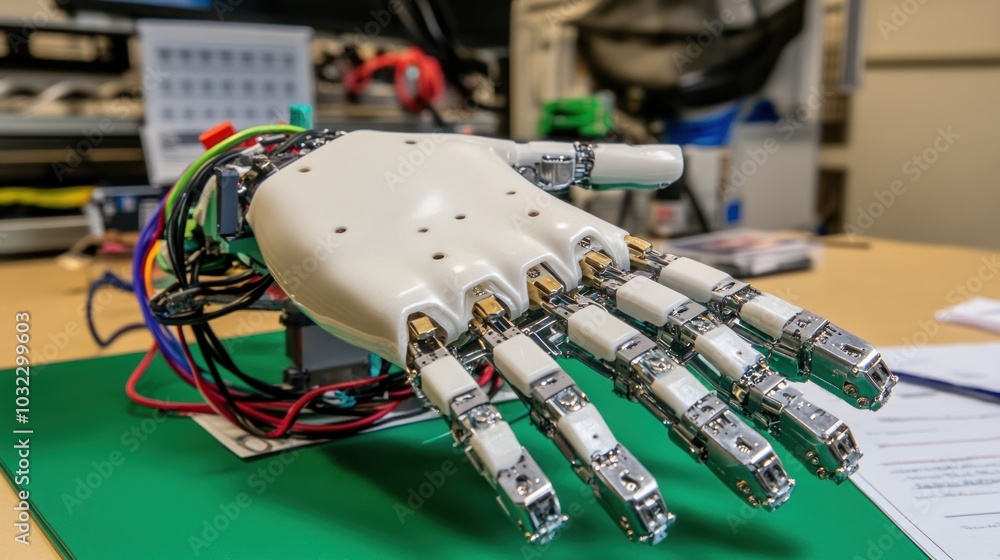 Poster a detailed view of a robotic hand with wires and a green mat