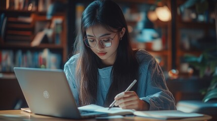 Young woman studying at a desk with a laptop, pen, and notebook.