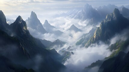 Majestic Misty Mountains Shrouded in Ethereal Fog Landscape