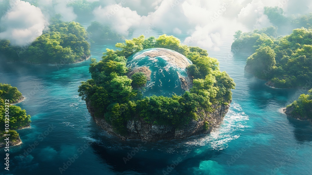 Poster conceptual illustration of spherical earth surrounded by sparkling blue waters emphasizing the theme
