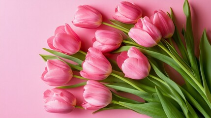 Fototapeta premium A bouquet of pink tulips arranged on a pink background.