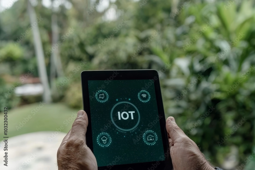 Aufkleber an outdoor park scene with a man holding a tablet computer illustrating a theme of iot security