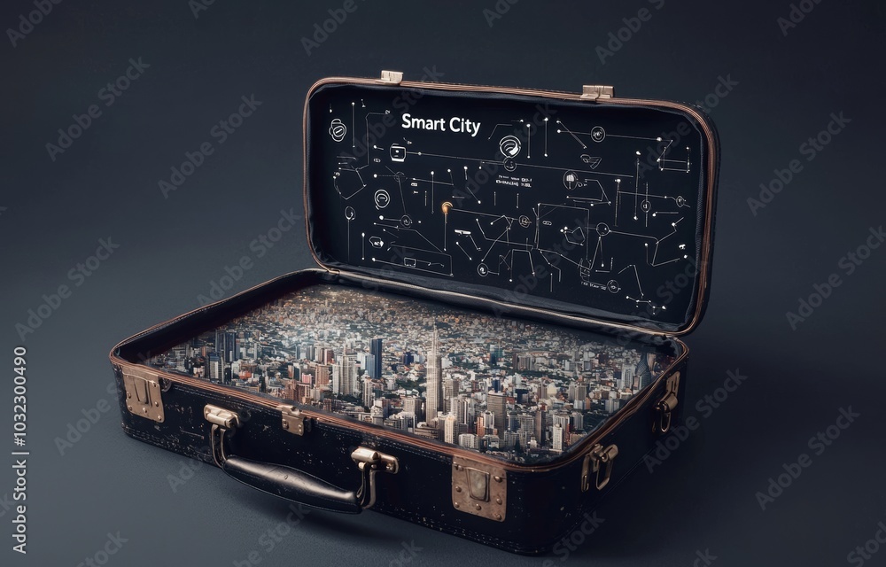 Poster an open retro vintage suitcase with smart city iconography, internet of things, and networks isolate