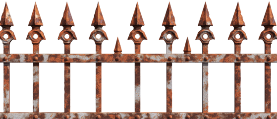 A rusty, weathered iron fence with pointed tips, showcasing age and decay against a transparent background.