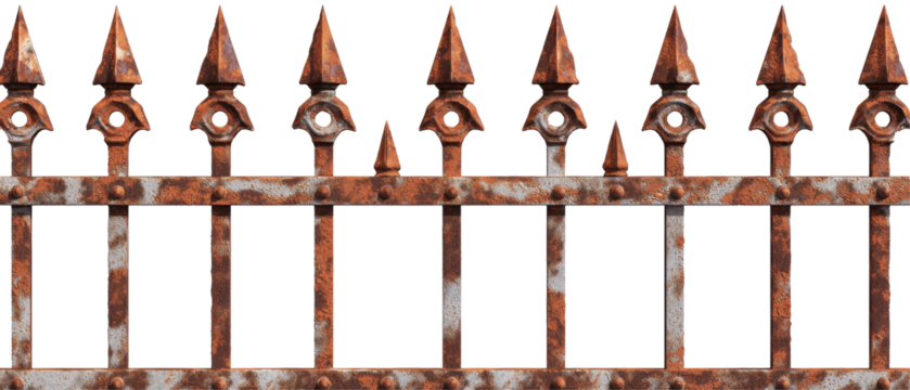 A rusty, weathered iron fence with pointed tips, showcasing age and decay against a transparent background.