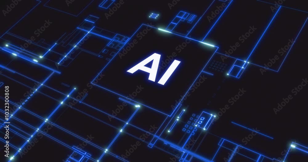 Wall mural futuristic movement of blue matrix digital vertical and horizontal circuit lines with on right ai wo