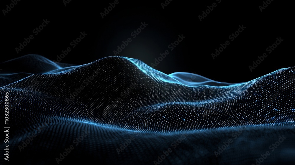 Poster Big data with compound particles. Digital background with cybernetic particles. High poly mesh. Flow. Wave. 3D rendering.