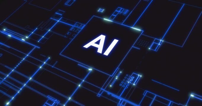 futuristic movement of blue matrix digital vertical and horizontal circuit lines with on right AI word on chip, concept of AI, technology and cyber artificial intelligence