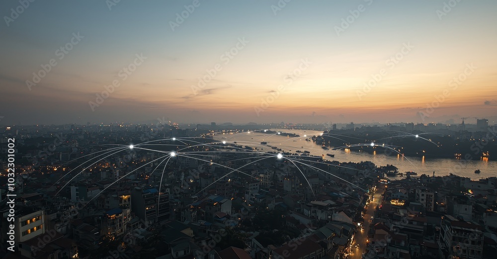 Poster Concept for smart cities with wireless communication networks. Digital network connection lines