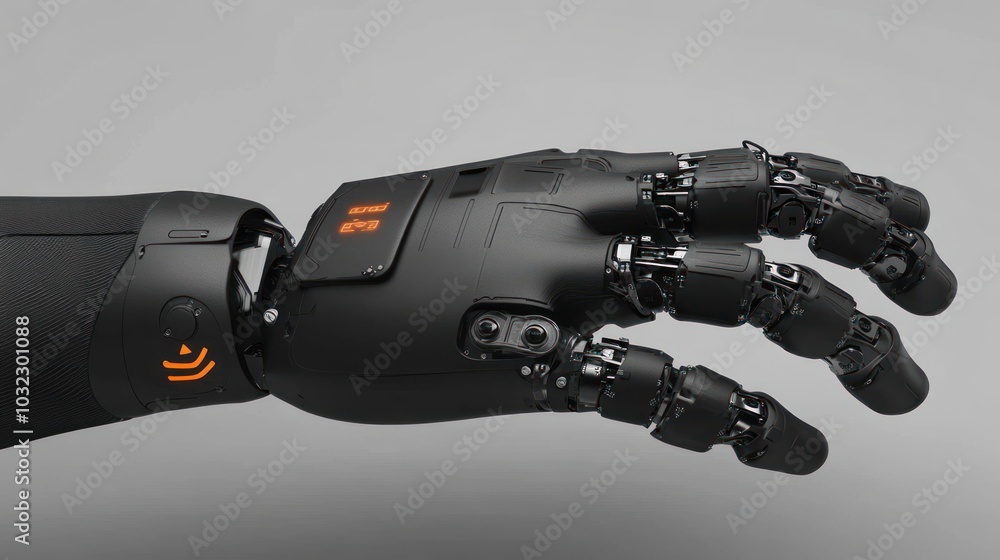 Poster black robotic hand with open palm and glowing interface