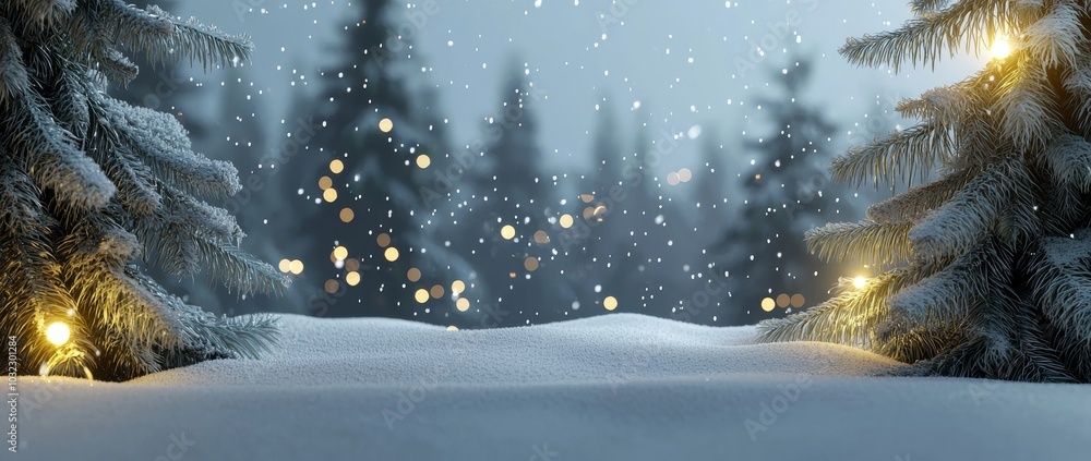 Poster landscape in a snowy forest of frosted fir trees. christmas background with blurred background of sn
