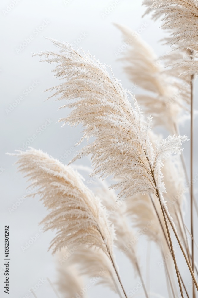 Wall mural In this winter landscape, grasses are covered in frost, selective focus, and shallow depth of field are used