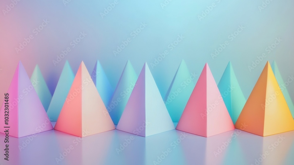 Poster subtle harmony of pastel triangles, a gentle arrangement of soft pastel triangles creating a serene 
