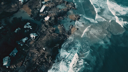 Obraz premium Aerial View of Hurricane-Devastated Coastal Town with Debris and Collapsed Buildings
