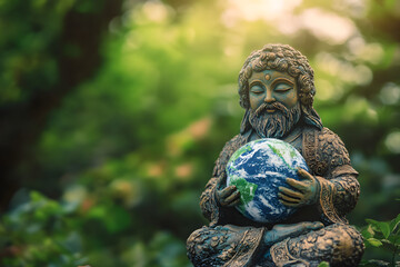 Obraz premium Spiritual Statue Holding Earth - Symbol of Global Peace, Harmony, and Enlightenment in Nature | Buddha-like Figure Embracing the Planet for Environmental and Spiritual Connection