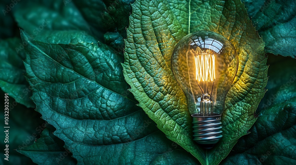 Aufkleber conceptual image of light bulb embedded in a vibrant green leaf representing the fusion of nature an