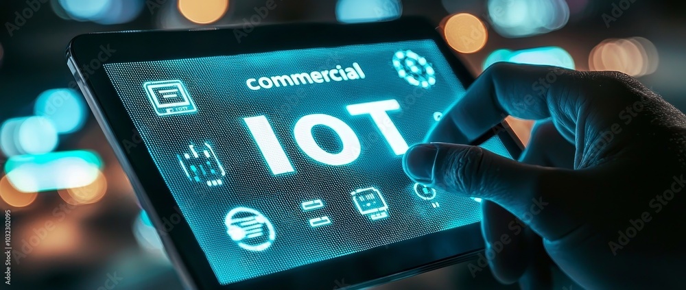 Poster Concept of Internet of Things technology. Hand pressing button on screen.
