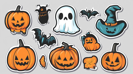 Happy Halloween day background element vector. Cute sticker set of creepy ghost, pumpkin, bat, candy, cat, skull, spider, grave. Adorable Halloween festival elements for decoration, prints template.