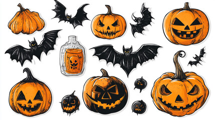 Happy Halloween day background element vector. Cute sticker set of creepy ghost, pumpkin, bat, candy, cat, skull, spider, grave. Adorable Halloween festival elements for decoration, prints template.